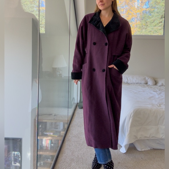 Vintage 100% wool plum Purple Long Trench Coat L-XL - Picture 7 of 17